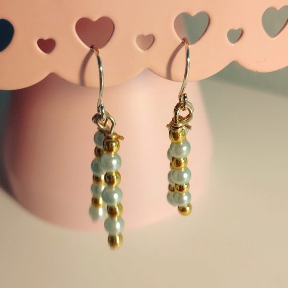 Handmade Beaded Chopstick Dangle Earrings, Blue Pearls and Gold Seed Beads - Picture 2 of 3